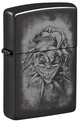 Front view of ˫ Clown High Polish Black Windproof Lighter standing at a 3/4 angle.